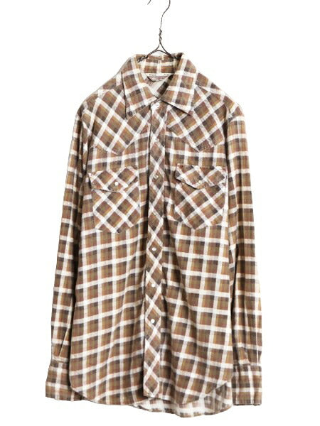 70s シアーズ チェック プリント フランネル ウエスタン シャツ メンズ M 古着 ヴィンテージ SEARS 長袖シャツ ネルシャツ スナップボタン