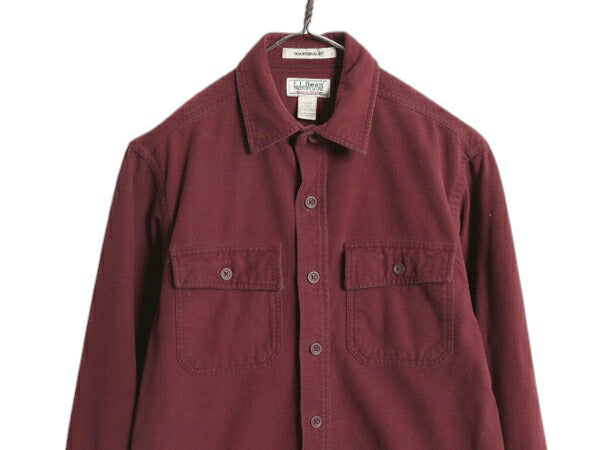 エルエルビーン コットン シャモア クロス シャツ メンズ S 古着 LLBean アウトドア 長袖シャツ ネルシャツ ヘビー フランネル 無地 エンジ