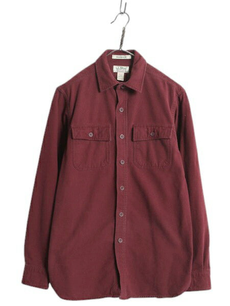 エルエルビーン コットン シャモア クロス シャツ メンズ S 古着 LLBean アウトドア 長袖シャツ ネルシャツ ヘビー フランネル 無地 エンジ