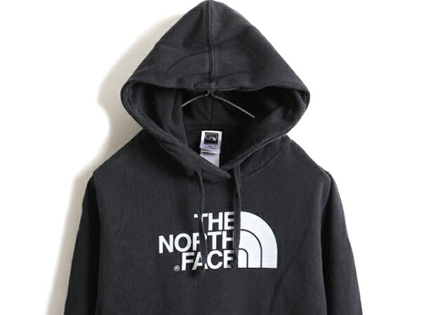 人気 黒 ■ ノースフェイス プリント スウェット フード パーカー ( レディース M ) 古着 The North Face トレーナー プルオーバー 裏起毛
