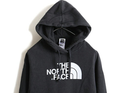 人気 黒 ■ ノースフェイス プリント スウェット フード パーカー ( レディース M ) 古着 The North Face トレーナー プルオーバー 裏起毛