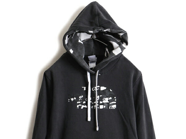 人気 黒 ■ ノースフェイス 迷彩 プリント スウェット フード パーカー レディース M / 古着 The North Face スエット プルオーバー 裏起毛