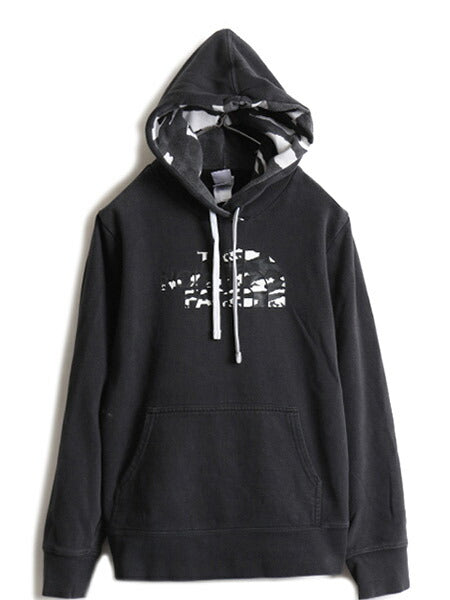 人気 黒 ■ ノースフェイス 迷彩 プリント スウェット フード パーカー レディース M / 古着 The North Face スエット プルオーバー 裏起毛