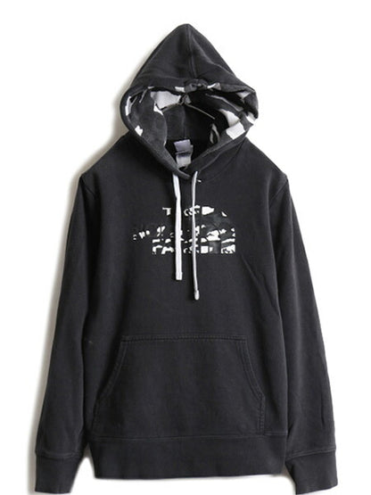 人気 黒 ■ ノースフェイス 迷彩 プリント スウェット フード パーカー レディース M / 古着 The North Face スエット プルオーバー 裏起毛