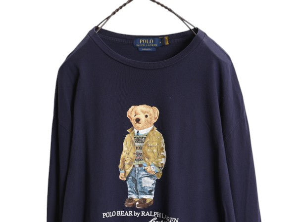 ポロベア ポロ ラルフローレン プリント 長袖 Tシャツ メンズ M 古着 ロンT プリントT キャラクター クルーネック ロングスリーブ ネイビー
