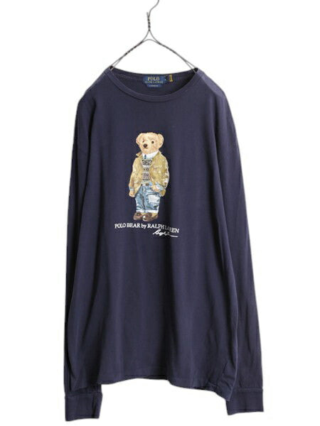ポロベア ポロ ラルフローレン プリント 長袖 Tシャツ メンズ M 古着 ロンT プリントT キャラクター クルーネック ロングスリーブ ネイビー