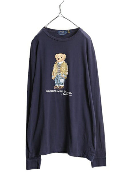ポロベア ポロ ラルフローレン プリント 長袖 Tシャツ メンズ M 古着 ロンT プリントT キャラクター クルーネック ロングスリーブ ネイビー