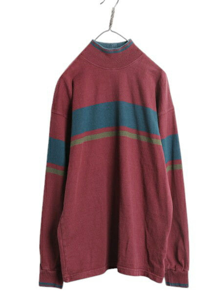 80s USA製 エルエルビーン モックネック ボーダー 長袖 Tシャツ メンズ M / ヴィンテージ LLBEAN ロンT ラガーシャツ 素材 ヘビーウェイト