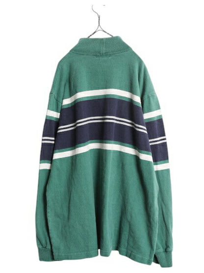 80s USA製 エルエルビーン モックネック ボーダー 長袖 Tシャツ メンズ レディース XL ヴィンテージ LLBEAN ロンT ラガーシャツ 素材 厚手