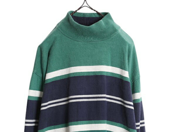 80s USA製 エルエルビーン モックネック ボーダー 長袖 Tシャツ メンズ レディース XL ヴィンテージ LLBEAN ロンT ラガーシャツ 素材 厚手
