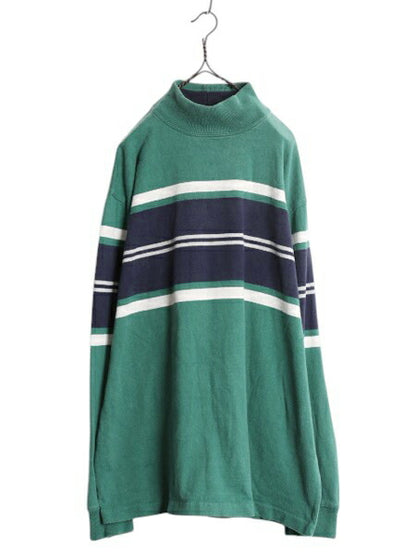 80s USA製 エルエルビーン モックネック ボーダー 長袖 Tシャツ メンズ レディース XL ヴィンテージ LLBEAN ロンT ラガーシャツ 素材 厚手