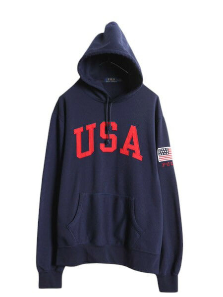 ポロ ラルフローレン スウェット フード パーカー メンズ L / 古着 トレーナー プルオーバー 裏起毛 星条旗 ビッグ USA 刺繍 ワンポイント