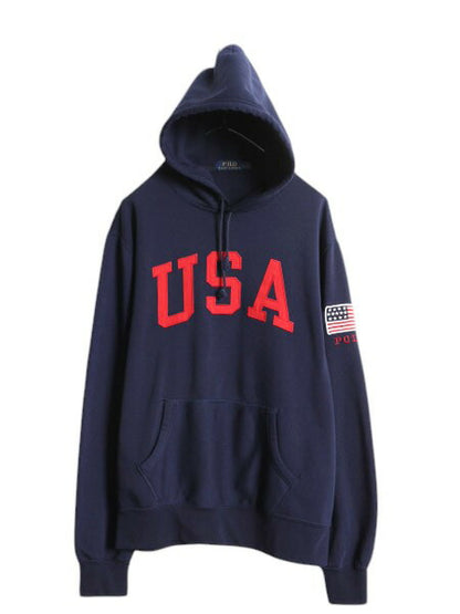 ポロ ラルフローレン スウェット フード パーカー メンズ L / 古着 トレーナー プルオーバー 裏起毛 星条旗 ビッグ USA 刺繍 ワンポイント