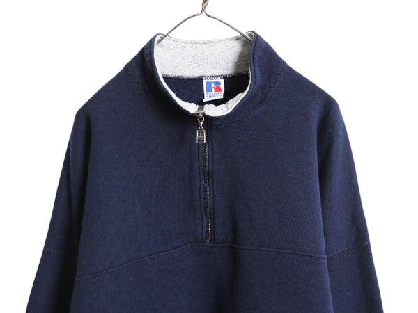 90s USA製 ラッセル ハーフジップ 無地 スウェット メンズ レディース XL オールド RUSSELL 裏起毛 ハイネック トレーナー 大きいサイズ 紺