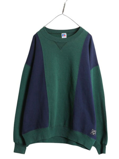 90s USA製 ラッセル 無地 スウェット メンズ レディース XXL オールド RUSSELL トレーナー 前V 裏起毛 スエット 大きいサイズ ツートン 緑