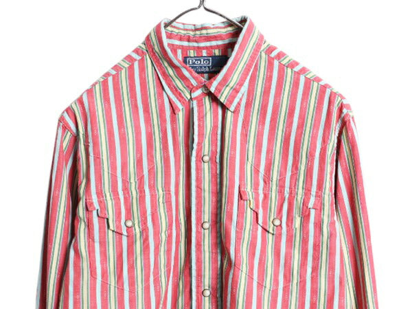 90s ポロ ラルフローレン 織柄入り ストライプ 長袖 ウエスタン シャツ メンズ S / オールド コットン 長袖シャツ ネイティブ マルチカラー