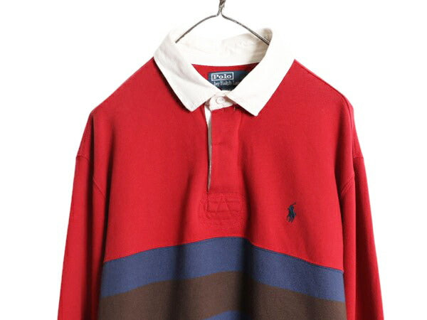 90s ポロ ラルフローレン ボーダー スウェット ラガーシャツ メンズ XL 長袖シャツ ラグビー ワンポイント 裏起毛 トレーナー 大きいサイズ
