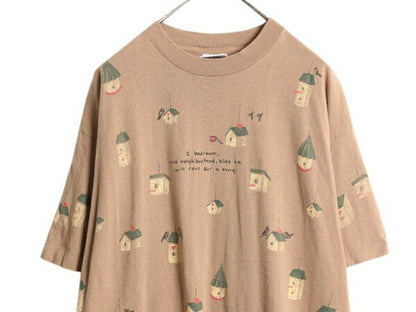 90s USA製 rel e vant products 鳥小屋 イラスト プリント Tシャツ メンズ レディース XL オールド アニマル アート シングルステッチ 総柄