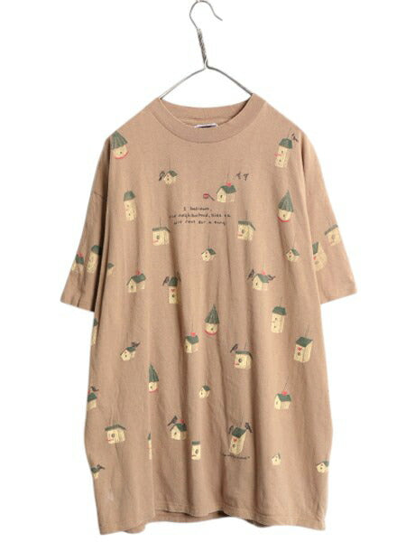 90s USA製 rel e vant products 鳥小屋 イラスト プリント Tシャツ メンズ レディース XL オールド アニマル アート シングルステッチ 総柄