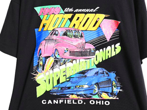 90s ホットロッド イラスト プリント Tシャツ XL 小さめ L 古着 ヴィンテージ アート グラフィック シングルステッチ レーシング アメ車 黒