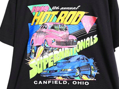90s ホットロッド イラスト プリント Tシャツ XL 小さめ L 古着 ヴィンテージ アート グラフィック シングルステッチ レーシング アメ車 黒