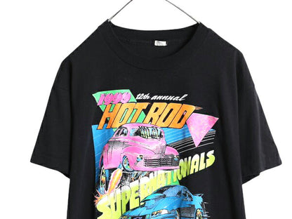 90s ホットロッド イラスト プリント Tシャツ XL 小さめ L 古着 ヴィンテージ アート グラフィック シングルステッチ レーシング アメ車 黒