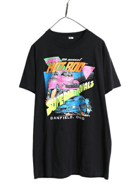 90s ホットロッド イラスト プリント Tシャツ XL 小さめ L 古着 ヴィンテージ アート グラフィック シングルステッチ レーシング アメ車 黒