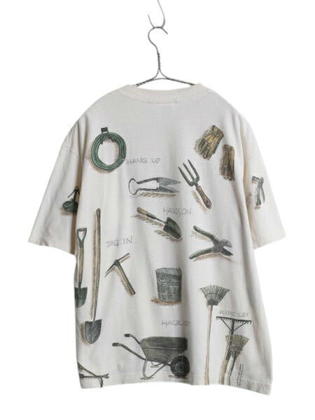 90s USA製 rel e vant products 工具 イラスト プリント Tシャツ メンズ L オールド アート グラフィック オールオーバー 総柄 ナチュラル