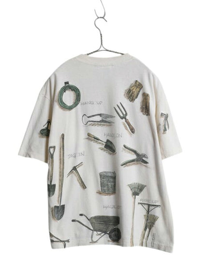 90s USA製 rel e vant products 工具 イラスト プリント Tシャツ メンズ L オールド アート グラフィック オールオーバー 総柄 ナチュラル