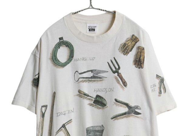 90s USA製 rel e vant products 工具 イラスト プリント Tシャツ メンズ L オールド アート グラフィック オールオーバー 総柄 ナチュラル