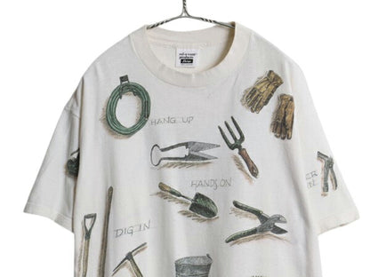 90s USA製 rel e vant products 工具 イラスト プリント Tシャツ メンズ L オールド アート グラフィック オールオーバー 総柄 ナチュラル