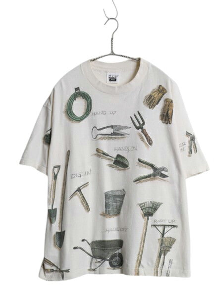90s USA製 rel e vant products 工具 イラスト プリント Tシャツ メンズ L オールド アート グラフィック オールオーバー 総柄 ナチュラル