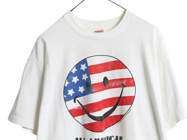90s USA製 星条旗 スマイル イラスト プリント Tシャツ メンズ XL / オールド 当時物 シングルステッチ ニコちゃん キャラクター ホワイト