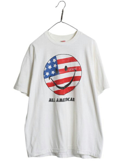 90s USA製 星条旗 スマイル イラスト プリント Tシャツ メンズ XL / オールド 当時物 シングルステッチ ニコちゃん キャラクター ホワイト