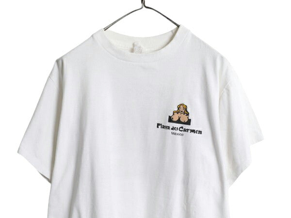90s 00s おっぱい イラスト 両面 プリント Tシャツ メンズ L オールド エロ 下ネタ ジョーク アート グラフィック ヘビーウェイト ホワイト