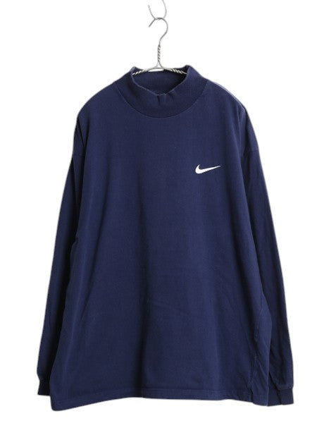 90s ナイキ モックネック スウッシュ 両面 プリント 長袖 Tシャツ メンズ XL 古着 オールド ロングTシャツ ヘビーウェイト ロンT ネイビー