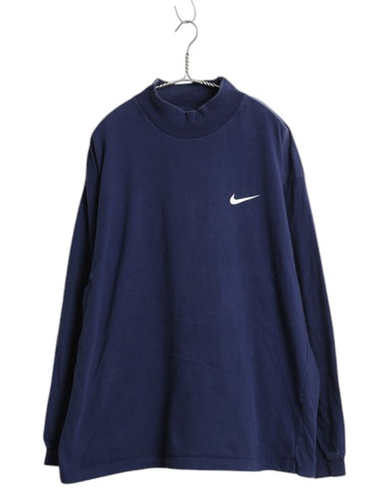 90s ナイキ モックネック スウッシュ 両面 プリント 長袖 Tシャツ メンズ XL 古着 オールド ロングTシャツ ヘビーウェイト ロンT ネイビー