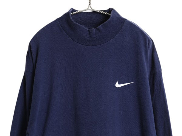 90s ナイキ モックネック スウッシュ 両面 プリント 長袖 Tシャツ メンズ XL 古着 オールド ロングTシャツ ヘビーウェイト ロンT ネイビー