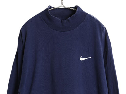 90s ナイキ モックネック スウッシュ 両面 プリント 長袖 Tシャツ メンズ XL 古着 オールド ロングTシャツ ヘビーウェイト ロンT ネイビー
