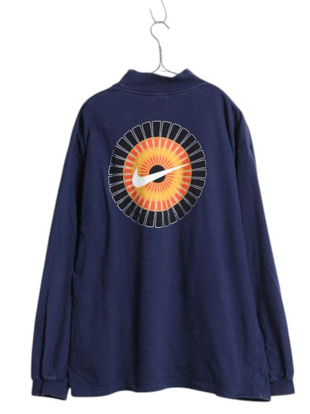90s ナイキ モックネック スウッシュ 両面 プリント 長袖 Tシャツ メンズ XL 古着 オールド ロングTシャツ ヘビーウェイト ロンT ネイビー