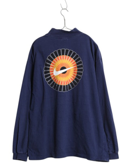 90s ナイキ モックネック スウッシュ 両面 プリント 長袖 Tシャツ メンズ XL 古着 オールド ロングTシャツ ヘビーウェイト ロンT ネイビー