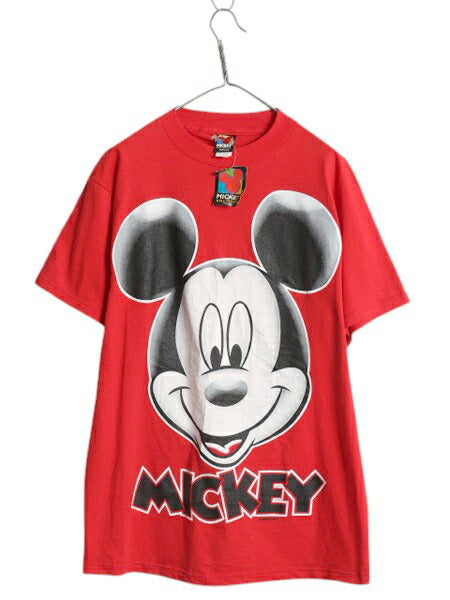 デッドストック 90s USA製 ミッキー プリント Tシャツ メンズ レディース L / オールド キャラクター イラスト ディズニー オフィシャル 赤