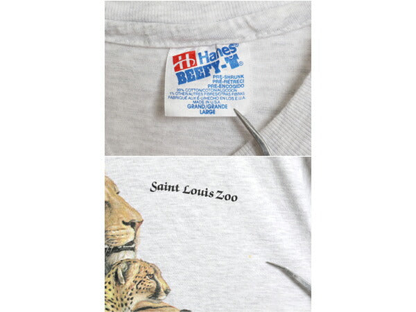 80s アニマル アート イラスト プリント Tシャツ メンズ レディース L ヴィンテージ ライオン タイガー グラフィック シングルステッチ 灰