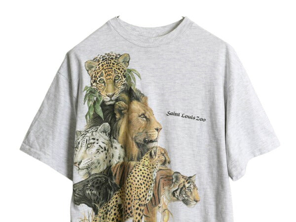 80s アニマル アート イラスト プリント Tシャツ メンズ レディース L ヴィンテージ ライオン タイガー グラフィック シングルステッチ 灰