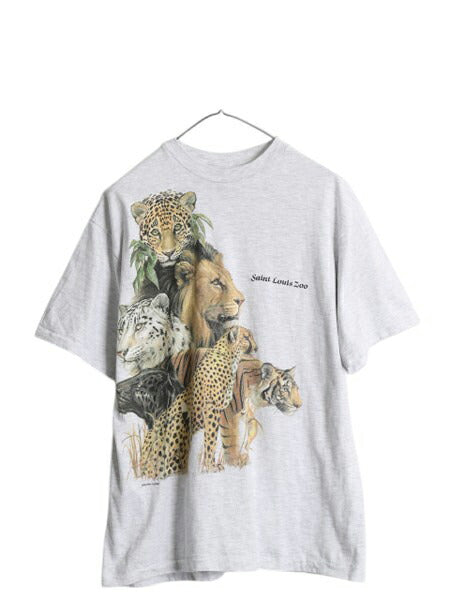 80s アニマル アート イラスト プリント Tシャツ メンズ レディース L ヴィンテージ ライオン タイガー グラフィック シングルステッチ 灰