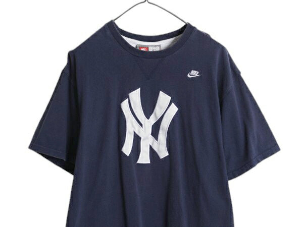 ナイキ ヤンキース ロゴ パッチ 刺繍 半袖 Tシャツ メンズ XL / MLB オフィシャル 大リーグ 野球 スウッシュ 前V 紺 大きいサイズ シンプル