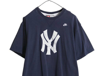 ナイキ ヤンキース ロゴ パッチ 刺繍 半袖 Tシャツ メンズ XL / MLB オフィシャル 大リーグ 野球 スウッシュ 前V 紺 大きいサイズ シンプル