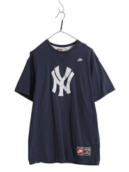ナイキ ヤンキース ロゴ パッチ 刺繍 半袖 Tシャツ メンズ XL / MLB オフィシャル 大リーグ 野球 スウッシュ 前V 紺 大きいサイズ シンプル