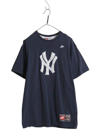ナイキ ヤンキース ロゴ パッチ 刺繍 半袖 Tシャツ メンズ XL / MLB オフィシャル 大リーグ 野球 スウッシュ 前V 紺 大きいサイズ シンプル