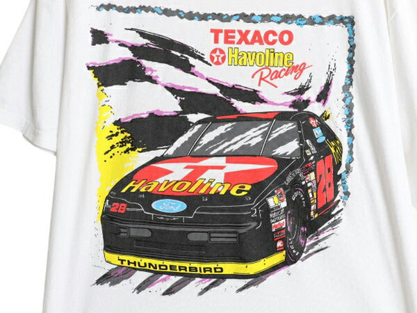 90s USA製 ナスカー イラスト プリント Tシャツ メンズ L オールド アート グラフィック ヘビーウェイト テキサコ 企業物 白 アメ車 旧車